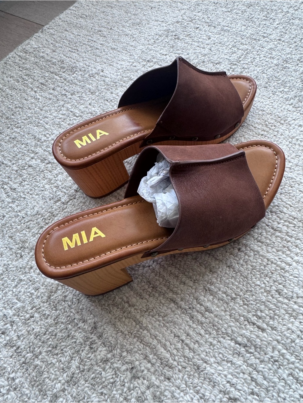 MIA Brown Suede Wood-Block Heel Slide Mules